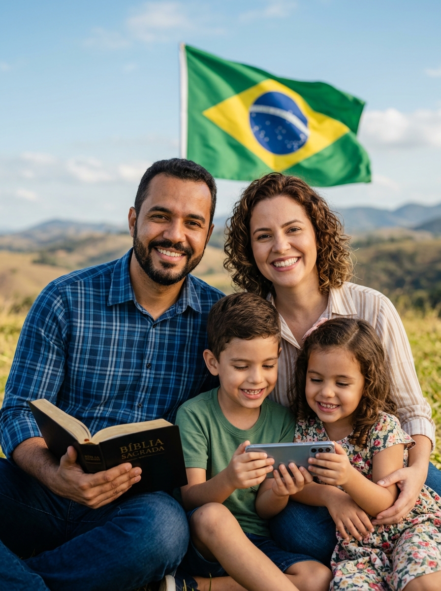 Família cristã brasileira reunida com Bíblia Sagrada e celular acessando o Atuafé.com